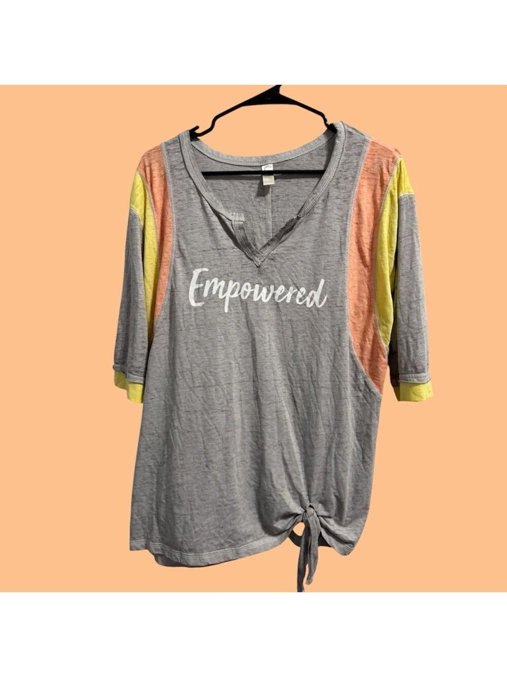 Cato Active Empowered Gray Colorblock Tie-Front Tee with Yellow & Peach Sleeves